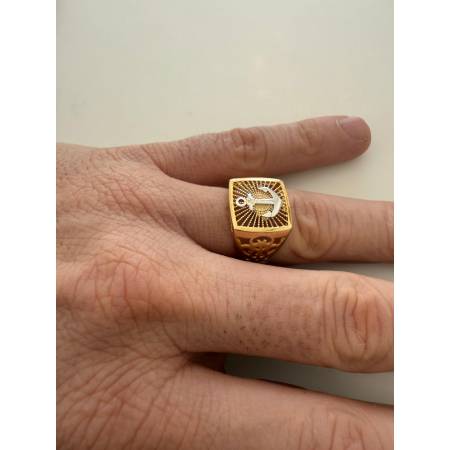 ANELLO Da Uomo ORO 18 Karati 750% GIALLO E BIANCO Bicolore Con ANCORA Quadrato