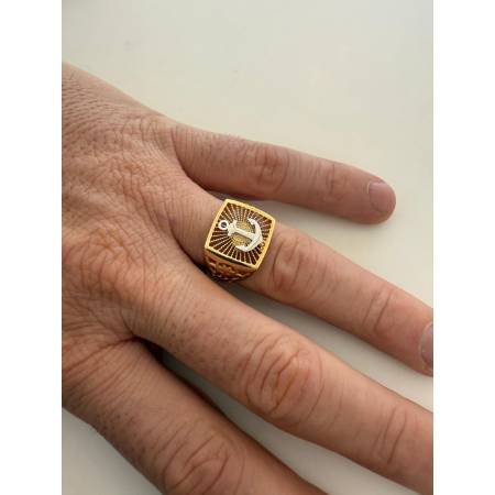 ANELLO Da Uomo ORO 18 Karati 750% GIALLO E BIANCO Bicolore Con ANCORA Quadrato