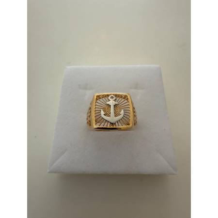 ANELLO Da Uomo ORO 18 Karati 750% GIALLO E BIANCO Bicolore Con ANCORA Quadrato