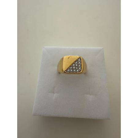 ANELLO Da Uomo In ORO 18 Karati 750% GIALLO BIANCO Bicolore Quadrato Con Zirconi