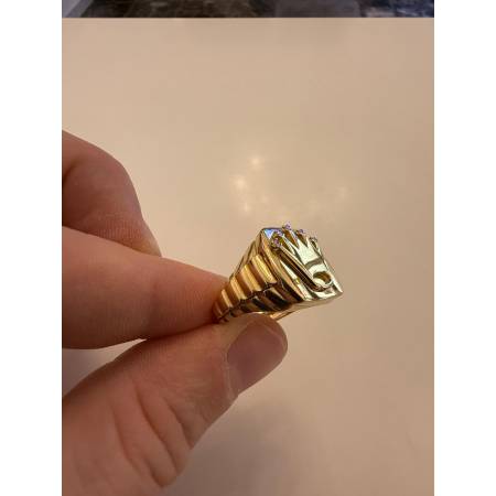ANELLO Da Uomo ORO GIALLO 18 KARATI 750% Con LOGO CORONA ROLEX E Zirconi Bianchi
