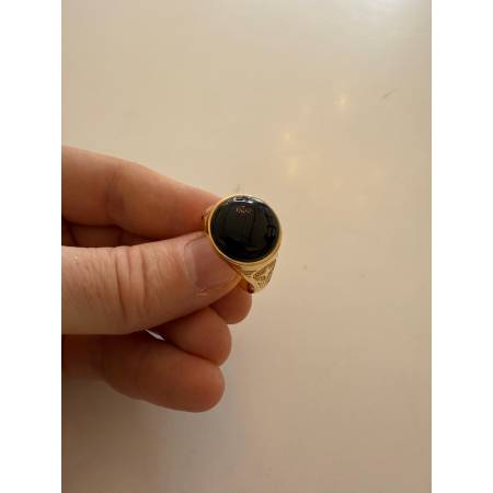 ANELLO Da Uomo In ORO 18 Karati 750% GIALLO Lucido Con Pietra ONICE NERA Rotonda