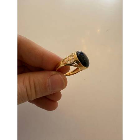 ANELLO Da Uomo In ORO 18 Karati 750% GIALLO Lucido Con Pietra ONICE NERA Rotonda