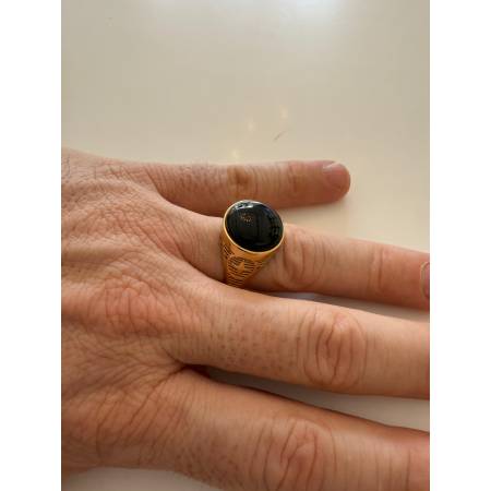 ANELLO Da Uomo In ORO 18 Karati 750% GIALLO Lucido Con Pietra ONICE NERA Rotonda