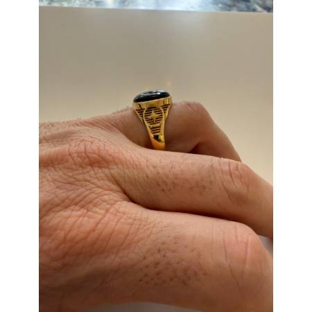 ANELLO Da Uomo In ORO 18 Karati 750% GIALLO Lucido Con Pietra ONICE NERA Rotonda