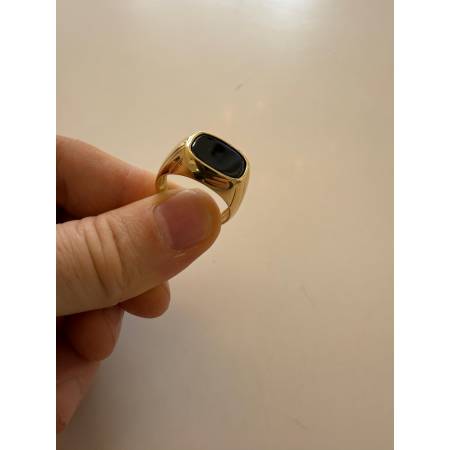 ANELLO Da Uomo ORO 18 Karati 750% GIALLO Lucido Squadrato Con Pietra ONICE NERA