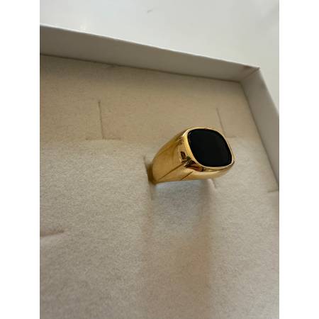 ANELLO Da Uomo ORO 18 Karati 750% GIALLO Lucido Squadrato Con Pietra ONICE NERA