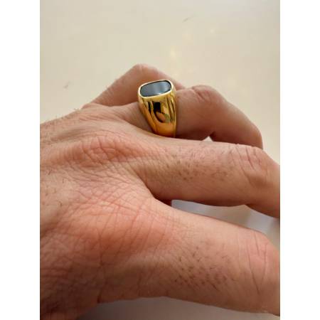 ANELLO Da Uomo ORO 18 Karati 750% GIALLO Lucido Squadrato Con Pietra ONICE NERA