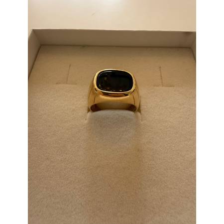 ANELLO Da Uomo ORO 18 Karati 750% GIALLO Lucido Squadrato Con Pietra ONICE NERA