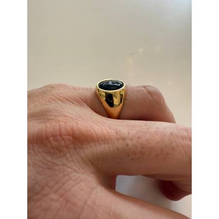 ANELLO Da Uomo In ORO 18 Karati 750% GIALLO Lucido Con Pietra ONICE NERA Ovale