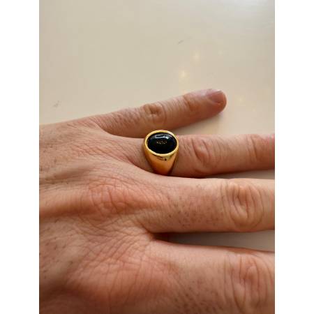 ANELLO Da Uomo In ORO 18 Karati 750% GIALLO Lucido Con Pietra ONICE NERA Ovale