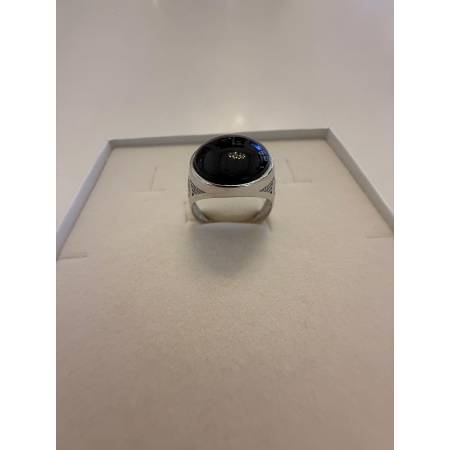 ANELLO Da Uomo In ORO 18 Karati 750% BIANCO Lucido Con Pietra ONICE NERA Tonda