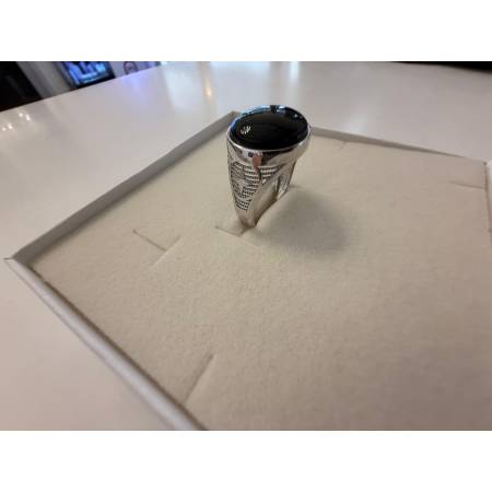 ANELLO Da Uomo In ORO 18 Karati 750% BIANCO Lucido Con Pietra ONICE NERA Tonda