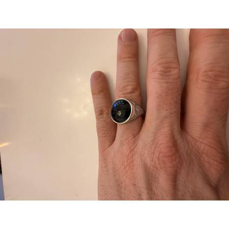 ANELLO Da Uomo In ORO 18 Karati 750% BIANCO Lucido Con Pietra ONICE NERA Tonda