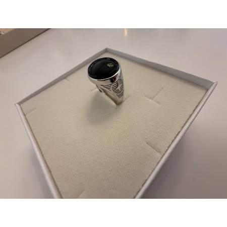 ANELLO Da Uomo In ORO 18 Karati 750% BIANCO Lucido Con Pietra ONICE NERA Tonda