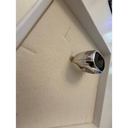 ANELLO Da Uomo In ORO 18 Karati 750% BIANCO Lucido Con Pietra ONICE NERA Lucida
