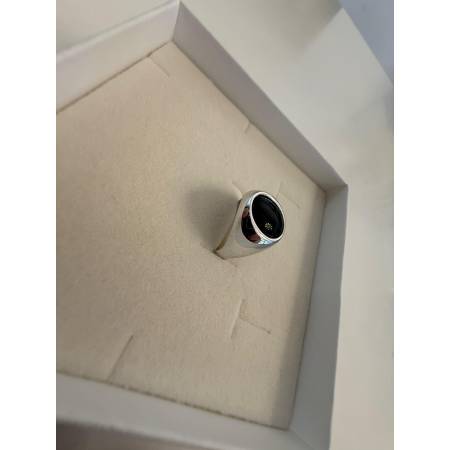 ANELLO Uomo ORO 18 Karati 750% BIANCO Lucido Con Pietra ONICE NERA Forma OVALE