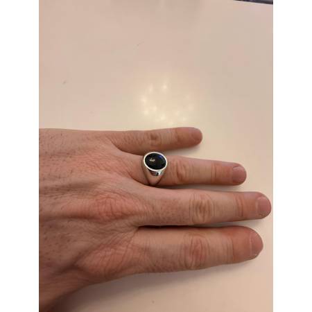 ANELLO Uomo ORO 18 Karati 750% BIANCO Lucido Con Pietra ONICE NERA Forma OVALE