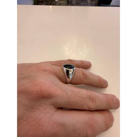 ANELLO Uomo ORO 18 Karati 750% BIANCO Lucido Con Pietra ONICE NERA Forma OVALE