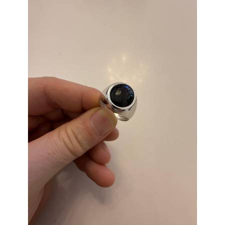 ANELLO Uomo ORO 18 Karati 750% BIANCO Lucido Con Pietra ONICE NERA Forma OVALE