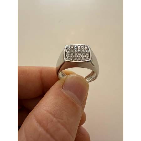 ANELLO Da Uomo Squadrato In ORO 18 Karati 750% BIANCO Lucido Con Zirconi Bianchi