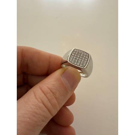 ANELLO Da Uomo Squadrato In ORO 18 Karati 750% BIANCO Lucido Con Zirconi Bianchi