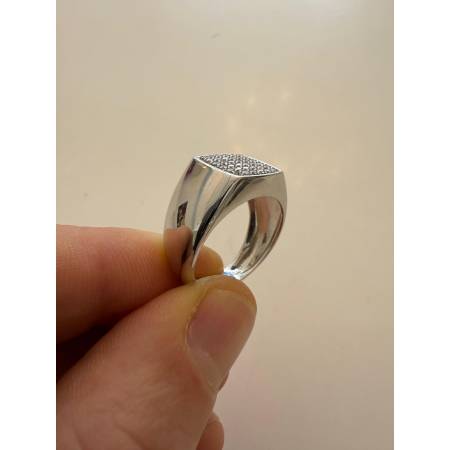 ANELLO Da Uomo Squadrato In ORO 18 Karati 750% BIANCO Lucido Con Zirconi Bianchi