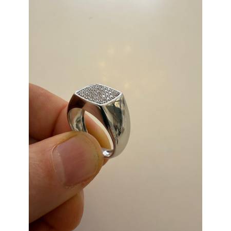 ANELLO Da Uomo Squadrato In ORO 18 Karati 750% BIANCO Lucido Con Zirconi Bianchi