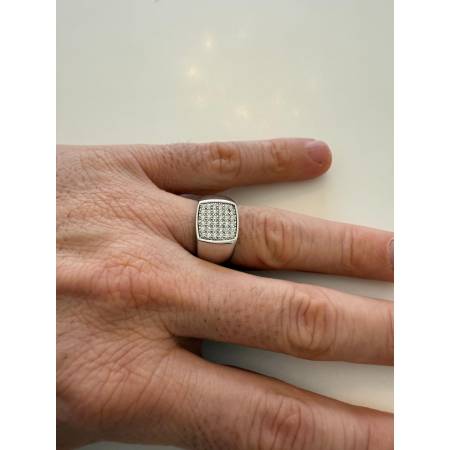 ANELLO Da Uomo Squadrato In ORO 18 Karati 750% BIANCO Lucido Con Zirconi Bianchi