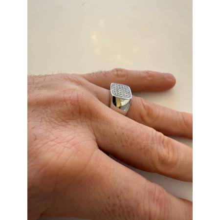 ANELLO Da Uomo Squadrato In ORO 18 Karati 750% BIANCO Lucido Con Zirconi Bianchi