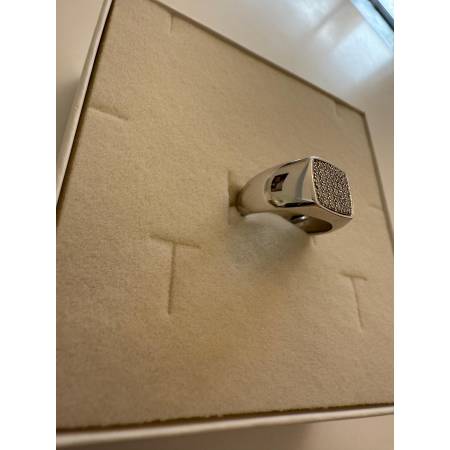 ANELLO Da Uomo Squadrato In ORO 18 Karati 750% BIANCO Lucido Con Zirconi Bianchi