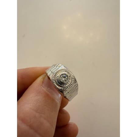 ANELLO Da Uomo In ORO 18 Karati 750% BIANCO Lucido E Lavorato Con Zircone Bianco