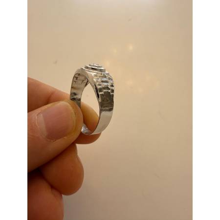 ANELLO Da Uomo In ORO 18 Karati 750% BIANCO Lucido E Lavorato Con Zircone Bianco