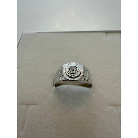 ANELLO Da Uomo In ORO 18 Karati 750% BIANCO Lucido E Lavorato Con Zircone Bianco