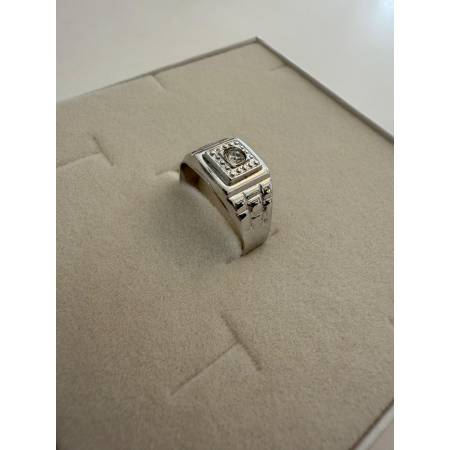 ANELLO Da Uomo Squadrato ORO BIANCO 18 Karati 750% Lavorato Con Zircone Bianco