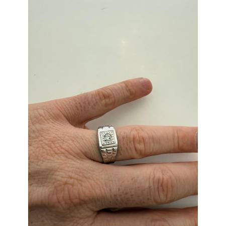 ANELLO Da Uomo Squadrato ORO BIANCO 18 Karati 750% Lavorato Con Zircone Bianco