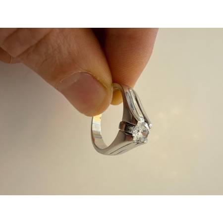 ANELLO Da Uomo Solitario In ORO BIANCO 18 Karati 750% Con Zircone Tondo Centrale