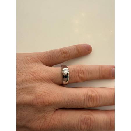 ANELLO Da Uomo Solitario In ORO BIANCO 18 Karati 750% Con Zircone Tondo Centrale