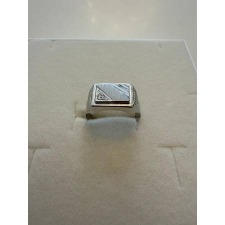 ANELLO Da Uomo In ORO BIANCO 18 Karati 750% Satinato Lavorato Con Zircone Tondo